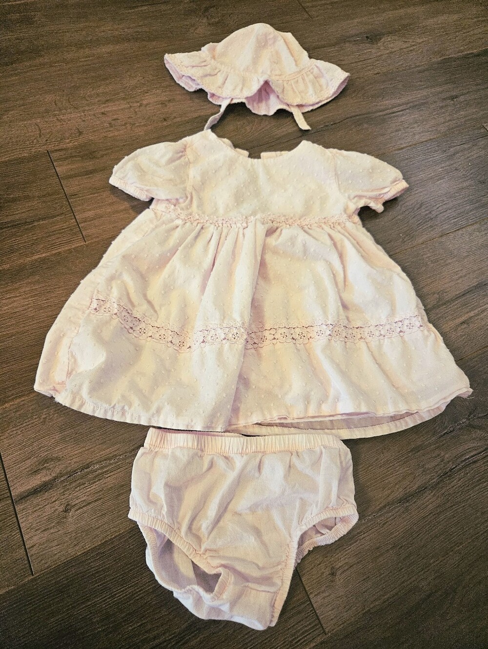 Baby Pink Dress With Matching Bonnet And Bloomers, 18 Months